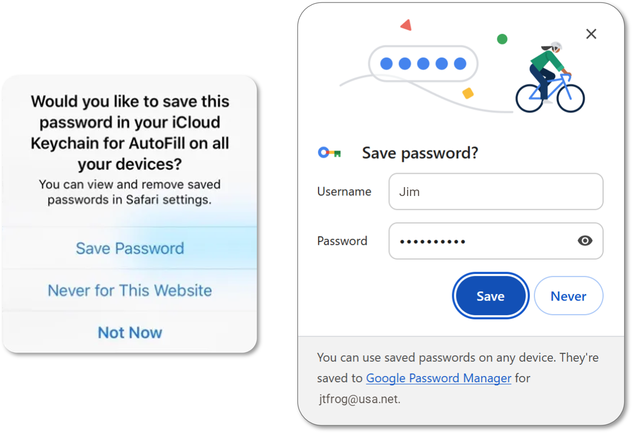 Screenshots of Apple Safari and Google Chrome browsers asking to save a password.