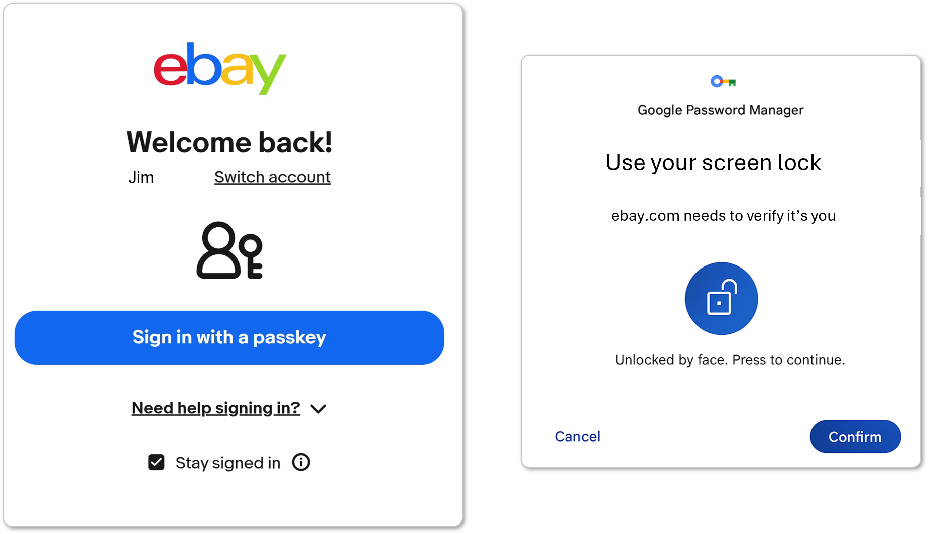 Android phone screenshots of logging into ebay.com using a passkey.