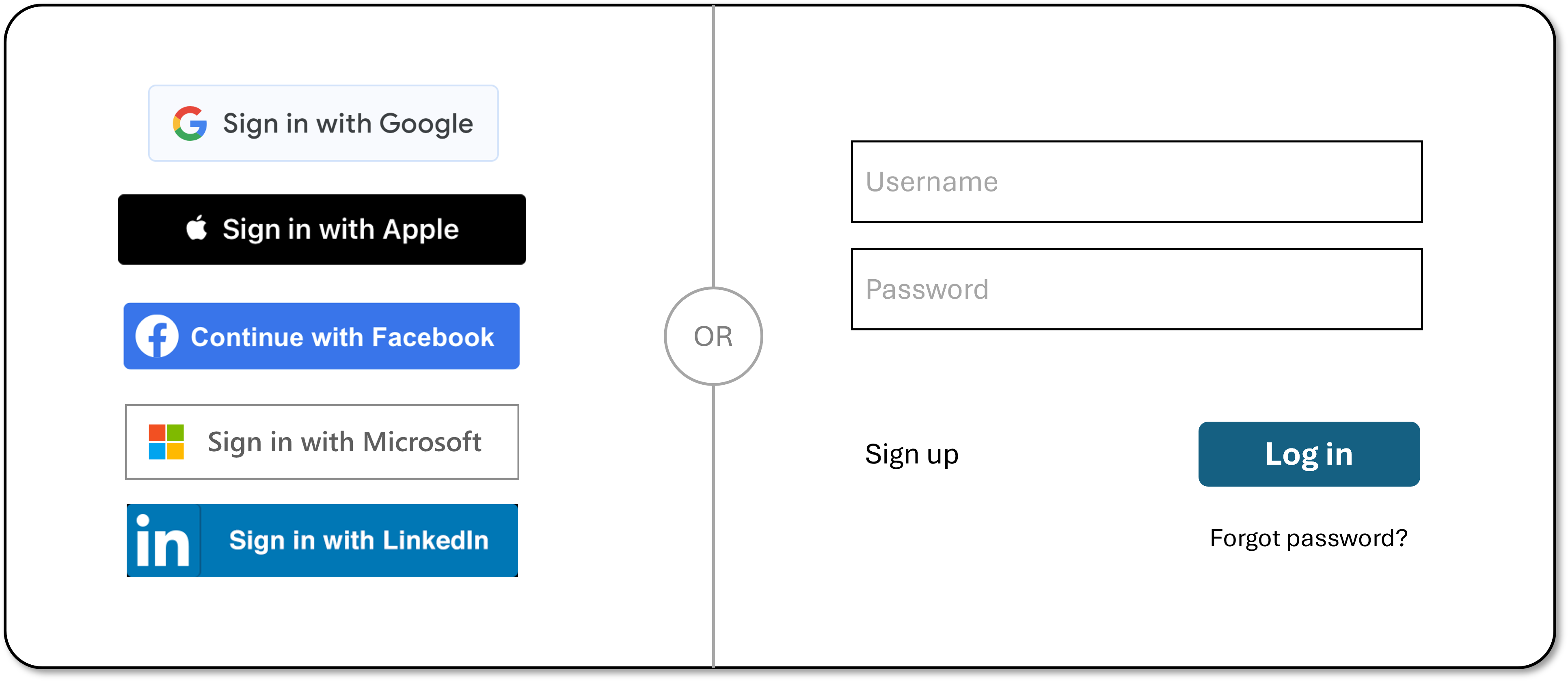 Screenshot showing social login using Google, Apple, Facebook, Microsoft, LinkedIn, or email instead.